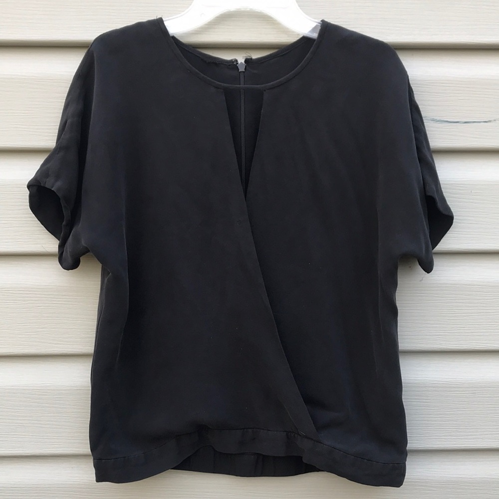 Theory Black Silk Keyhole Wrap Blouse